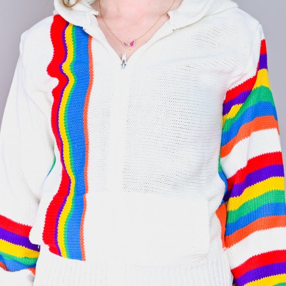 VINTAGE Rainbow Knit Zipper Sweater with Hood 70s Unique Rare Pullover - Picture 2 of 8